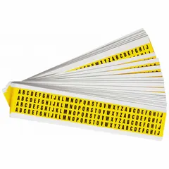 This 25-piece repositionable character set includes black Gothic letters A to Z on a yellow, non-reflective background. Designed for indoor use only, the labels require manual placement and are not self-spacing or aligning. Suitable for labeling equipment, panels, or bins in industrial environments.