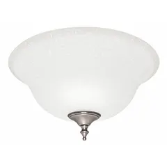 Glass bowl component for decorative ceiling fan light fixtures. Measures 6 3/8 inches in length. Provides ambient illumination in residential or light-commercial spaces.