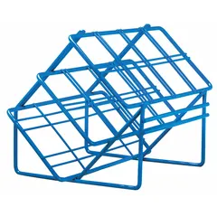 Benchtop test tube rack made of steel with a blue finish. Overall height 4 3/4 in, overall length 6 in, holds up to (8) test tubes. Suitable for organizing and securing tubes during experiments or sample storage.