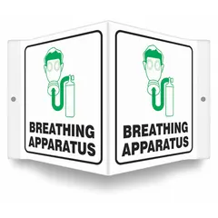 V-shape projection sign for identifying breathing apparatus locations. Nominal size 6 in x 8 1/2 in, 0.06 in thick PETG. Mounting holes for installation. Not retroreflective, does not glow in the dark, no anti-slip surface.