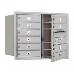 This horizontal multi-unit mailbox features 10 lockable front doors and is designed for recessed mounting. It measures 23 7/8 inches in height, 31 1/8 inches in width, and 16 1/2 inches in depth. Suitable for secure mail distribution in multi-tenant residential or commercial buildings.