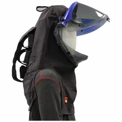 Arc flash hood rated 40 cal/sq cm ATPV, Category 4, constructed from single-ply Pyrad fabric (9.2 oz/sq yd). Features a lift-front polycarbonate window with anti-abrasion coating, integrated hard cap, and fan ventilation. Meets NFPA 70E (2021). Universal size, charcoal grey.