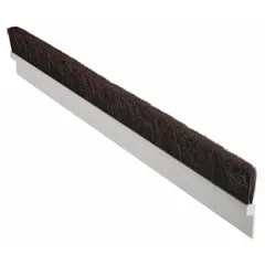 This strip brush features brown straight-wire bristles with a 0.008 in diameter, mounted on a rigid direct-mount backing. The backing width is 9/16 in and the overall length is 3 ft. It is used for industrial sealing, sweeping, or light debris control in material handling applications.
