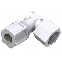 Acetal copolymer female elbow compression connector for connecting 3/8 in OD tubing to a 1/4 in FNPT threaded port at a 90-degree angle. Rated for 50 psi. White. NSF Listed.