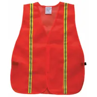 This men's safety vest is made of orange mesh polyester with hook-and-loop closure. It features vertical silver reflective stripes with yellow borders for 360° visibility. Suitable for general low-light visibility in job sites, warehouses, or roadside areas where high-visibility clothing is recommended but not required by regulation
