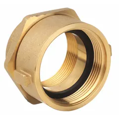 This brass swivel adapter connects fire hoses with NH threads to NPT-threaded standpipes or hydrants. It has a straight design with NH x NPT connection types and a fitting size of 2-1/2 in x 2-1/2 in. Used in fire protection systems to transition between thread standards.