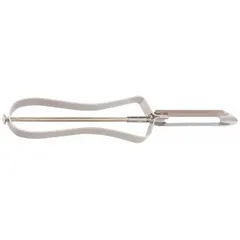 This peeler features a 1-1/2 inch stainless steel blade for cutting through fruit and vegetable skins. It is suited for food preparation tasks in commercial or industrial kitchens. The product is not NSF certified.