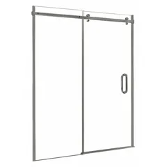 This sliding and panel shower door features a brushed nickel frame and clear tempered glass. It accommodates door widths from 56 to 60 inches with an overall height of 76 inches. Suitable for use in residential bathrooms as a tub or shower enclosure.