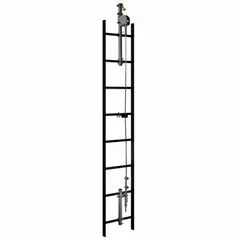 Steel automatic lifeline system for fixed ladders with a 20 ft trailing cable and 310 lb capacity. Includes cable guides for smooth operation. Used for fall protection when climbing fixed ladders in industrial environments.
