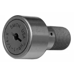 Heavy stud cam follower with 1/2 in diameter, single row, open design, screwdriver slot drive, and flat crown profile. Roller width 3/8 in. Inch system. Used in cam-driven machinery and conveyor tracks for rolling load support and friction reduction.