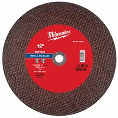 Type 1 cut-off wheel for general purpose cutting of carbon and stainless steel. Constructed with 30-grit aluminum oxide, measuring 12 inches in diameter and 1/8 inch thick, with a 20 mm arbor. Suitable for metal fabrication, maintenance, and repair tasks.