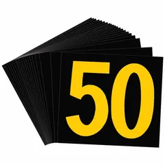 Retroreflective sheeting KVA marker displaying the number '50' in Gothic style. Character height 2 1/2 inches, width 4 3/4 inches. Used for identifying electrical transformers and equipment by kilovolt-ampere rating.