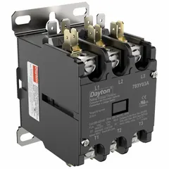 Three-pole, non-reversing definite purpose contactor with 3NO main pole contact form. Rated 25 A, 208-240V AC coil voltage, 600V AC maximum voltage. Box lug terminals for through-panel mounting. Used for switching motor loads in HVACR equipment such as compressors, condenser fans, and air handlers.