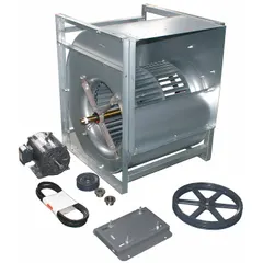 Belt-drive blower with a 25-inch wheel diameter, including drive pack. Powered by a 10 hp, 230/460V AC, three-phase open dripproof motor. Suitable for industrial air-moving applications such as ventilation, exhaust, or process air in factories, warehouses, and commercial facilities.