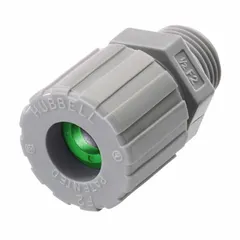 Straight nylon cable grip with 1/2 in MNPT box connection for cord diameters 0.06 in to 0.13 in. Gray nylon body, green color-coded grommet, overall length 2 1/16 in. Rated IP66 and Class I, Division 2 for hazardous locations. Used to seal and protect cables entering enclosures in wet or hazardous environments.