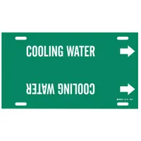 Green strap-on pipe marker with white legend reading 'Cooling Water' and directional arrows. Fits pipe outer diameters from 6 to 7-7/8 inches. Used to identify cooling water lines in piping systems for clear facility labeling and maintenance reference