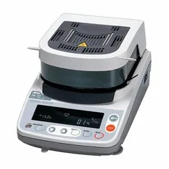 The A&D WEIGHING ML-50 is a halogen-heated moisture analyzer with a 51 g maximum capacity and 0.005 g readability. It operates from 50°C to 200°C and features a VFD display and RS232C interface. Moisture measurement repeatability ranges from 0.500% to 0.100%. Suitable for determining moisture content in samples in quality control and production laboratory settings.