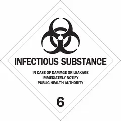Vinyl label for marking packages containing Class 6 toxic, poison inhalation, or infectious substances. Measures 4 x 4 inches and reads 'Infectious Substance in Case of Damage or Leakage Immediately Notify Public Health Authority'. Supplied in packs of 500 labels.