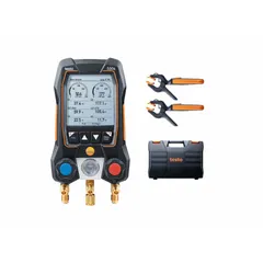 Digital wireless manifold gauge set for HVAC-R service. Includes 2-way valve block, gauge boots, and sight glass. Designed for use with R-513A refrigerant. Enables pressure and temperature measurement during system installation, maintenance, and troubleshooting.