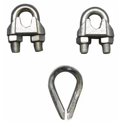 This clip and thimble kit is used to form a load-rated eye termination on wire rope. Both clip and thimble are constructed from steel. The kit features a 7 in rope turnback length. Typical applications include rigging, lifting, and towing.