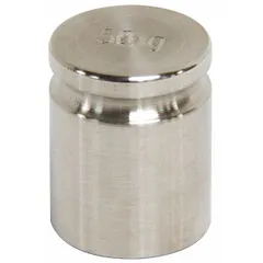 This Class 5 calibration weight has a nominal mass of 50 g and is shaped as a cylinder. Constructed from stainless steel, it is intended for metric calibration applications. Used to verify and adjust the accuracy of industrial scales and balances in settings such as laboratories, manufacturing, and quality control.