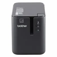 Single-color thermal transfer printer for labels up to 1 3/8 in wide. Connects via Serial/USB. Includes P-Touch Editor software and a 24 mm Extra-Strength Adhesive Tape accessory. Battery not included. Suitable for asset tagging, cable labeling, and inventory management