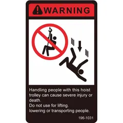This replacement warning label is designed for hoists, providing essential safety warnings and operational cautions. It is compatible with hoist model 3MB61. The label helps maintain compliance with safety standards in industrial lifting applications.