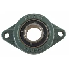 Cast iron rhombus flange housing with set screw locking. Cylindrical bore, 3/4 in diameter, 4 7/16 in length. Lubricated with NLGI #3 Equivalent grease. Mounting bolt size 7/16 in. Suitable for moderate-load shaft support in industrial machinery, conveyors, and material handling systems.