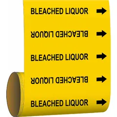 Adhesive pipe marker on a roll for identifying pipes carrying bleached liquor. Yellow background with black legend and directional arrows. Fits pipe outside diameters of 2 inches and smaller. Each roll contains 30 markers.
