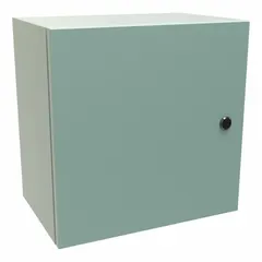 This steel enclosure measures 16 x 16 x 10 inches and is rated NEMA 12, 3R, and 4 for protection against dust, rain, and hose-directed water. It features a solid hinged cover secured with a 1/4-turn latch and does not include knockouts. Suitable for housing electrical controls, drives, and instrumentation in indoor or outdoor industrial environments.