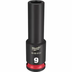 This 3/8" drive impact socket is designed for use with impact tools on metric fasteners. The 9 mm, 6-point, deep configuration allows access to recessed bolts, while the friction retention holds the fastener securely. Suitable for automotive, construction, and industrial maintenance tasks.