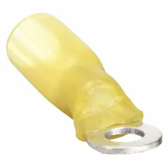 Heat shrink insulated ring terminal for 12 AWG to 10 AWG wire, with a 3/8 in stud size. The heat shrink sleeve seals the connection against moisture and vibration. Suitable for use in industrial control panels, motor leads, and heavy equipment wiring.