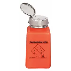HDPE dispensing bottle with a 177.4 mL (6 fl oz) capacity, supplied with a silver dropper closure. Pre-filled with isopropyl alcohol (IPA) for controlled dispensing in electronics assembly, cleaning, and maintenance tasks. Orange color, non-sterile.