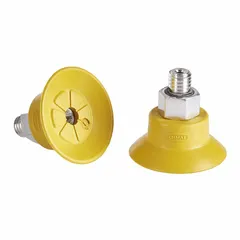 Flat-type vacuum pad assembly for ESD-safe handling in electronics manufacturing. Features NBR-ESD material, yellow color, 55 A rating, 28.2 mm pad diameter, and 17.2 mm pad height. Suitable for pick-and-place and assembly of sensitive components.