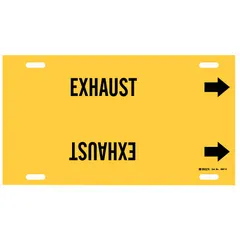 Yellow strap-on pipe marker with black 'Exhaust' legend and directional arrows. Fits pipe outer diameters of 8 to 9-7/8 inches. Used to identify exhaust piping in industrial facilities for clear visual indication of pipe contents.