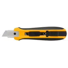 The OLFA UTC-1 is a retracting utility knife with a 6 1/2-inch overall length, featuring a steel standard tip and a quick-change blade mechanism. The handle is constructed from plastic with a rubberized grip in black and yellow. This knife is suitable for cutting cardboard, drywall, plastic strapping, and packaging materials in warehouses, construction sites, and manufacturing facilities.