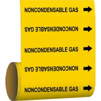 Yellow adhesive pipe markers with black legend reading 'Noncondensable Gas' and directional arrows. Each roll contains 30 markers for pipe outer diameters of 2 inches and smaller. Used to identify piping contents and flow direction in industrial piping systems