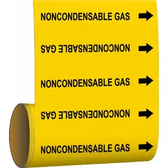 Yellow adhesive pipe markers with black legend reading 'Noncondensable Gas' and directional arrows. Each roll contains 30 markers for pipe outer diameters of 2 inches and smaller. Used to identify piping contents and flow direction in industrial piping systems.