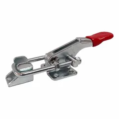 This horizontal U-latch toggle clamp features a horizontal handle and manual latch release. It includes a latch plate for secure clamping in industrial fixturing, welding, and assembly applications. The clamp provides quick, reliable holding for jigs and workholding setups.