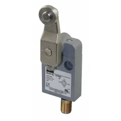 This submersible limit switch features an adjustable roller lever arm for position detection of moving parts in industrial automation. It has a maximum operating torque of 1.42 in-lb, two mounting holes, and a 4-pin M12 connector for electrical connection. Suitable for washdown environments, packaging lines, and machine tools requiring reliable switching in moist conditions.
