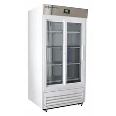 Upright lab refrigerator with 33 cu ft capacity, white finish, and sliding glass door. Maintains 2°C to 7°C temperature range using R-290 refrigerant. Equipped with temperature alarm. Overall depth 33 1/4 in. Suitable for cold storage of pharmaceuticals, vaccines, and laboratory samples.