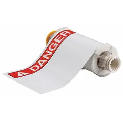 White vinyl label roll with DANGER header, measuring 7 in x 10 in and 10 in x 7 in. Includes 60 labels with acrylic adhesive. Compatible with BBP85 printer series for on-demand printing of industrial safety warnings.
