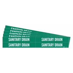 Green adhesive pipe markers with white legend reading 'Sanitary Drain' for identifying sanitary drain lines. Each marker fits pipe outer diameters from 3/4 to 2-3/8 inches. Pack includes 4 markers without arrows, supplied in a 5-pack quantity. Suitable for indoor industrial pipe marking applications.