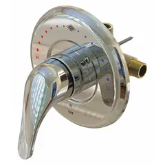 Brass point-of-use mixing valve with 1/2 in inlet and outlet connections. Blends hot and cold water to a consistent temperature for fixtures such as showers, sinks, and wash stations.