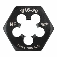 Solid hex rethreading die for cleaning or restoring damaged external threads on bolts, studs, or rods. Thread size 7/16"-20 UNF, 1-inch hex width, black oxide carbon steel construction. Fits standard die stock handles. Used in maintenance, repair, and fabrication applications.