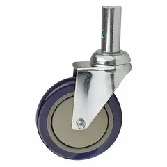This caster accessory is designed for hand trucks and light-duty carts. It has a 150 lb load capacity, 1 1/4 in wheel width, 5 in overall length, and 1 1/4 in overall width. Constructed from plastic and steel, it is suitable for material handling and maintenance applications.
