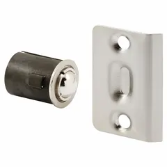 This steel ball catch/strike is designed for use on interior doors, such as closet doors, to hold them closed. It features a barrel length of 1 5/32 in and an overall height of 5 13/32 in. Suitable for residential or light-commercial applications where a simple latching mechanism is required.