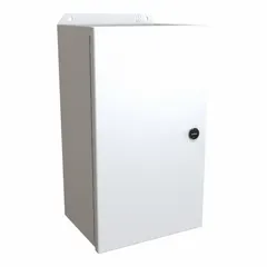 This steel washdown enclosure measures 14 x 8 x 6 inches and is rated NEMA 12/13/3R/4 for indoor or outdoor use. It features a solid cover with a latch closure and includes a panel. No knockouts are provided. Suitable for protecting electrical controls and instruments in environments requiring protection from dust, falling dirt, rain, and hose-directed water.