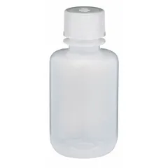 LDPE narrow mouth round bottle with natural body color. Capacity 2.02 fl oz (60 mL). Includes attached screw closure with 20-415 mm thread size. Not pre-cleaned. Suitable for general laboratory liquid handling and sample collection.