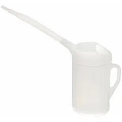 This translucent measuring container has a 5-quart fluid capacity and a flexible pour spout for controlled dispensing. Overall height is 11 3/4 inches, overall diameter is 6 3/4 inches. Suitable for measuring and transferring fluids in maintenance and industrial settings.